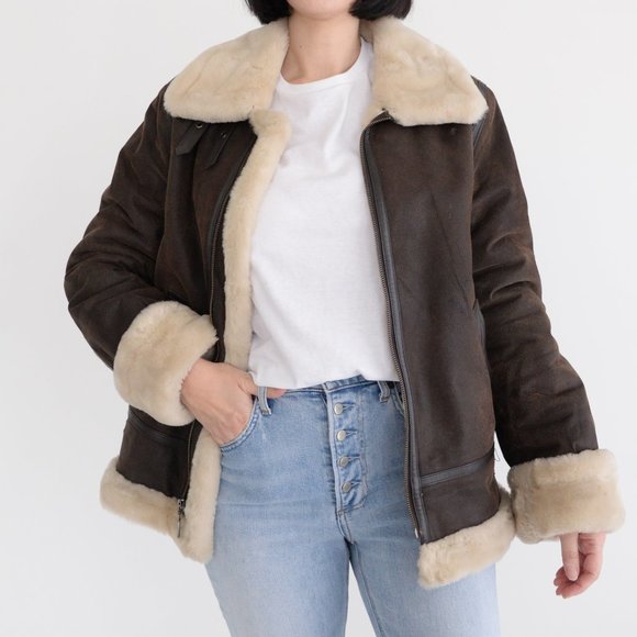 Vintage St. John's Bay Brown Leather Aviator Pilot Jacket with Shearling… - Picture 1 of 16